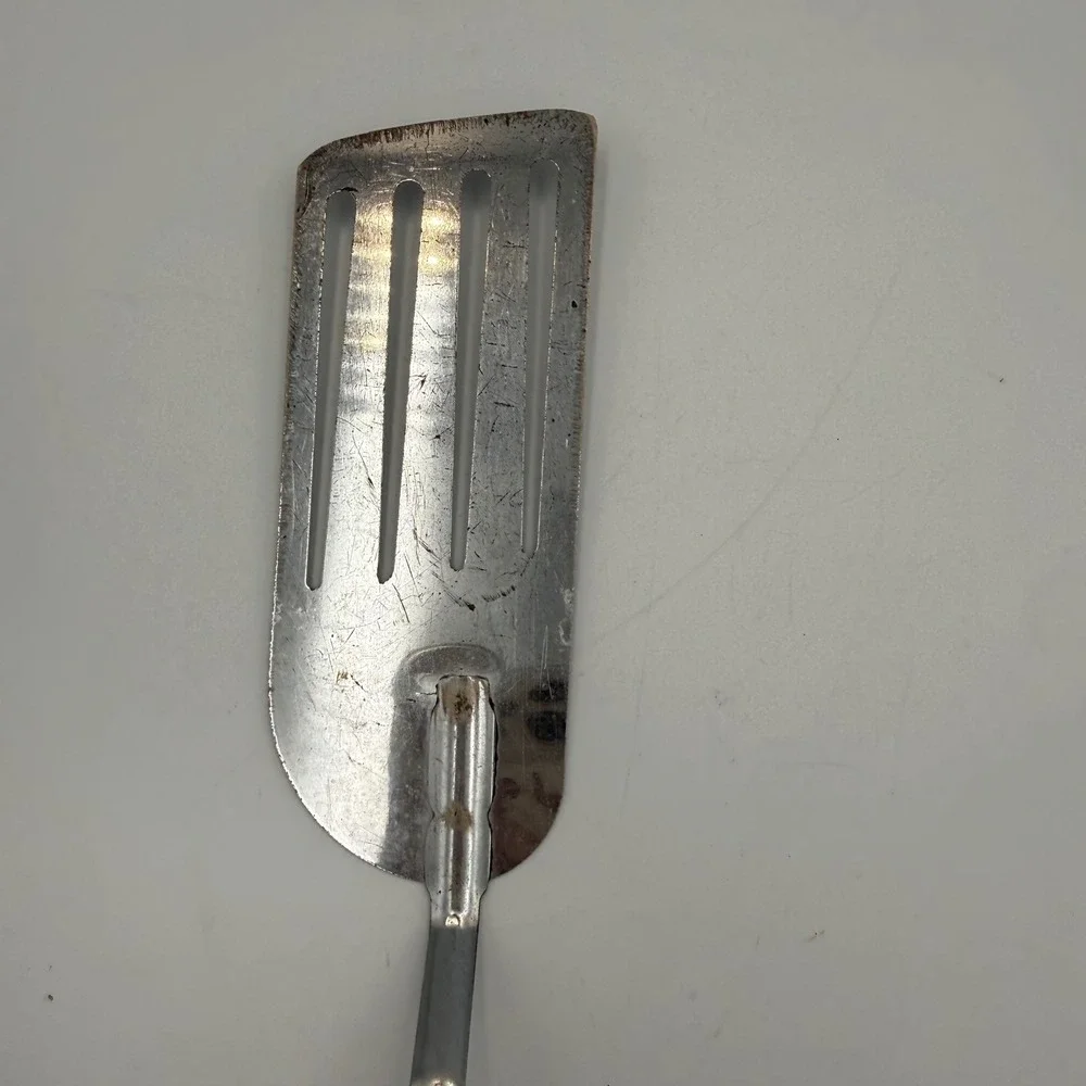 Vintage Koco China Stainless Steel Slotted Spatula Turner Black Plastic Handle
